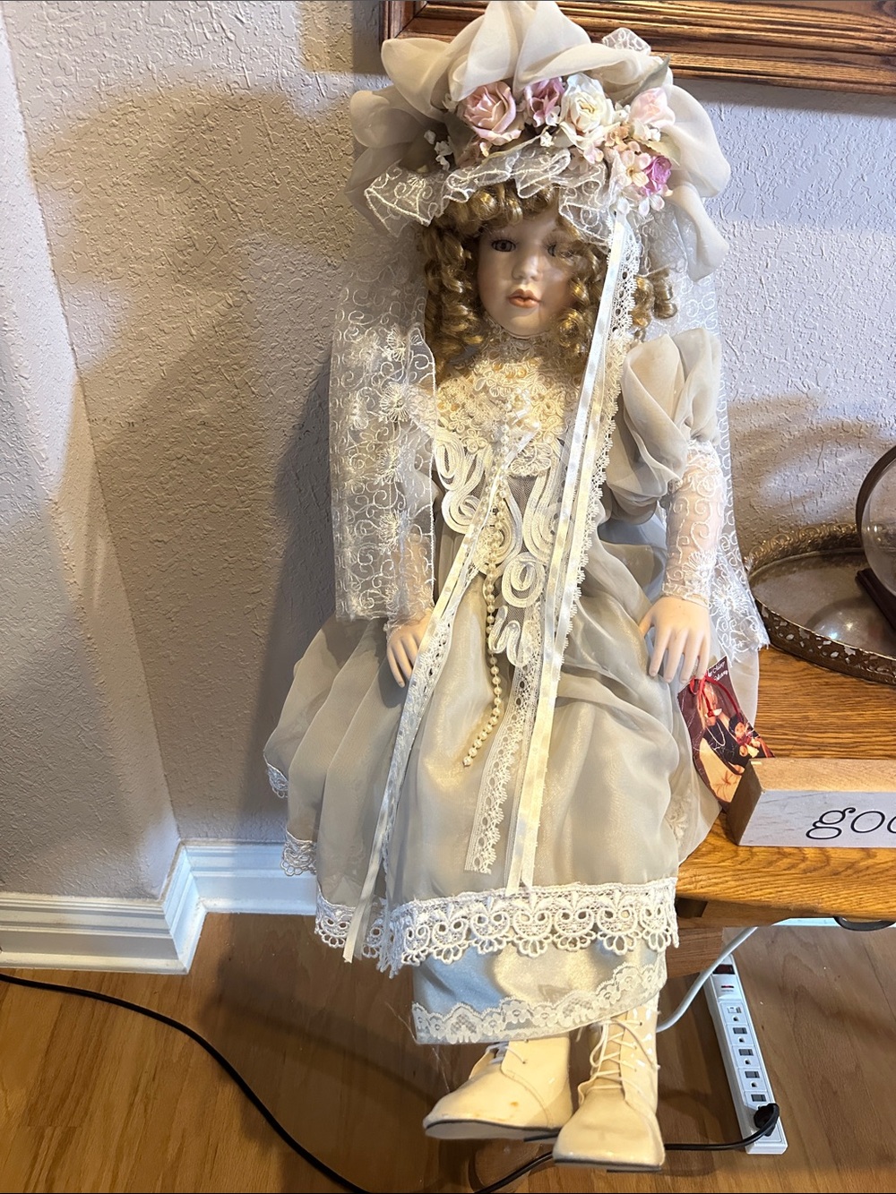 Porcelain Victorian-Style Dress-Up Doll in Cream and Pink